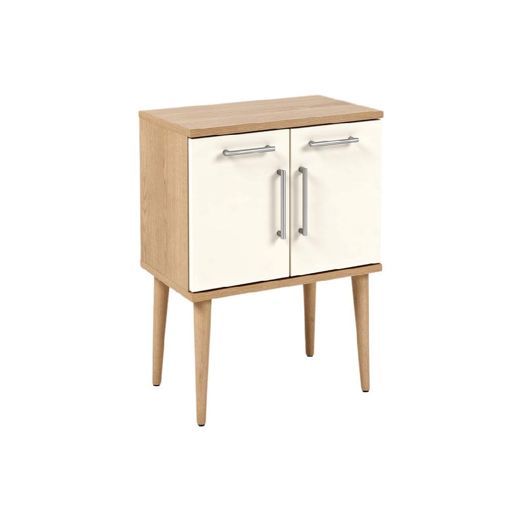 Modern Wooden Storage Cabinet with White Doors and Metallic Handles